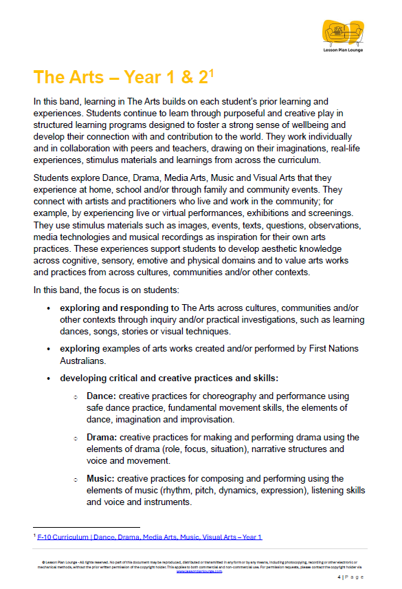 The Arts - Unit 4: A World of Celebration - LESSON PLANS - Year 1&2