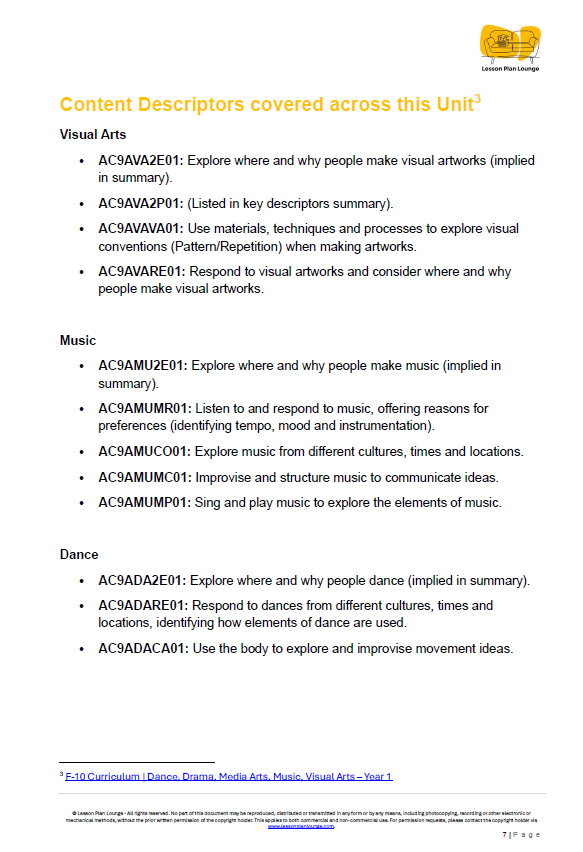 The Arts - Unit 4: A World of Celebration - LESSON PLANS - Year 1&2
