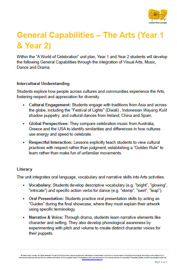 The Arts - Unit 4: A World of Celebration - LESSON PLANS - Year 1&2
