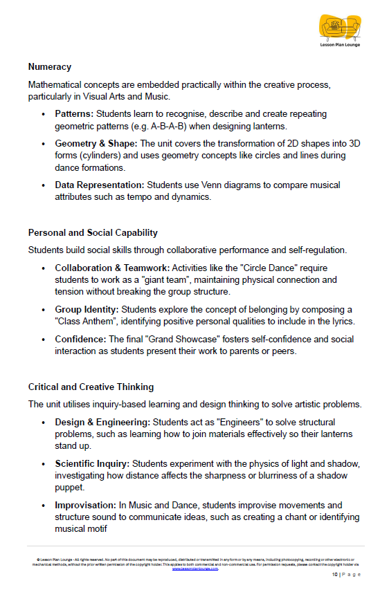 The Arts - Unit 4: A World of Celebration - LESSON PLANS - Year 1&2