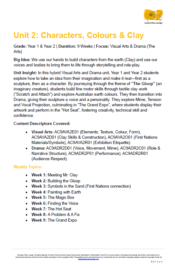 The Arts - Unit 2: Character, Colours and Clay - LESSON PLANS - Year 1&2