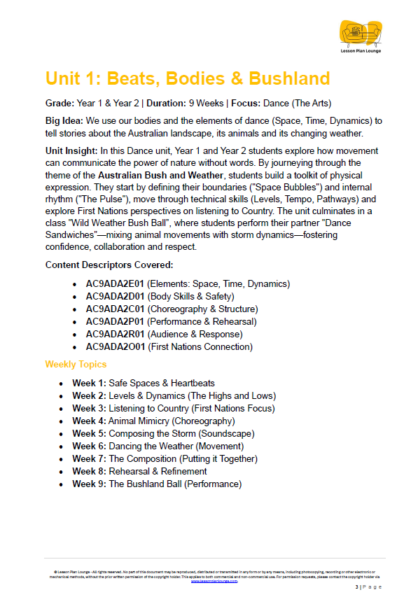 The Arts - Unit 1: Beats, Bodies and Bushland - LESSON PLANS - Year 1&2
