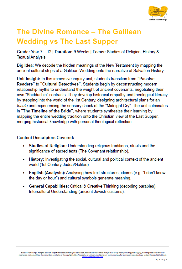 Studies of Religion - The Divine Romance: The Galilean Wedding vs The Last Supper - Year 7 to 12