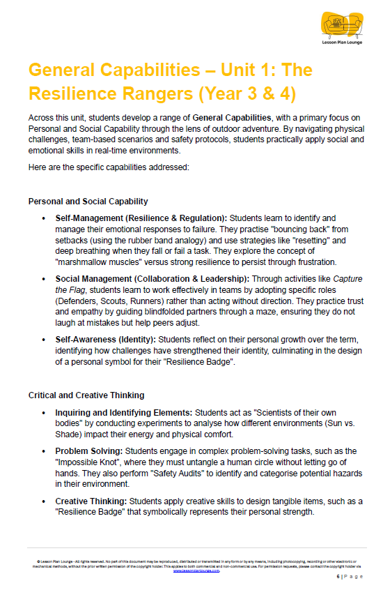 HPE - Unit 1: The Resilience Rangers (Outdoor Adventure) – LESSON PLANS + Student Workbook - Year 3 & 4