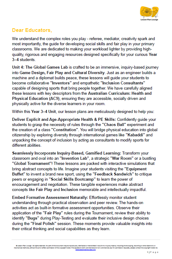 HPE - Unit 4: The Global Games Lab (Inclusion & Fair Play) - LESSON PLANS + Student Workbook - Year 3 & 4