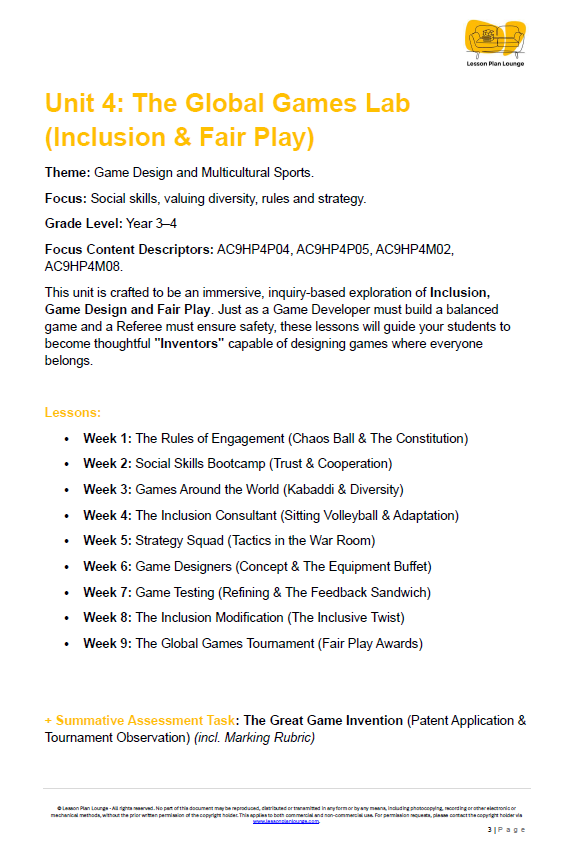 HPE - Unit 4: The Global Games Lab (Inclusion & Fair Play) - LESSON PLANS + Student Workbook - Year 3 & 4