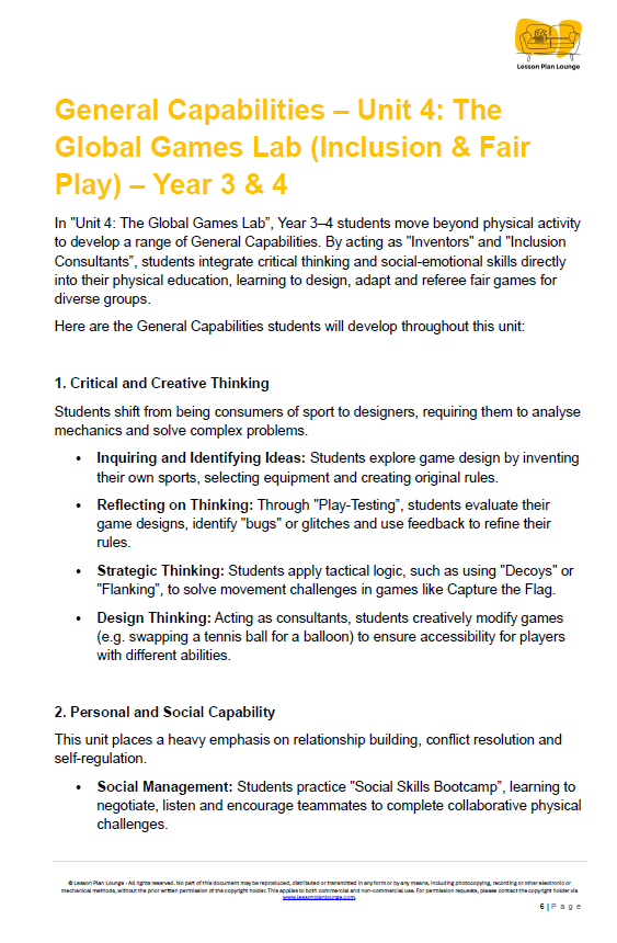HPE - Unit 4: The Global Games Lab (Inclusion & Fair Play) - LESSON PLANS + Student Workbook - Year 3 & 4