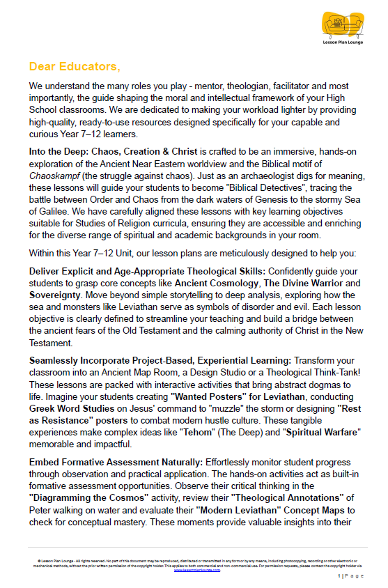 Into the Deep: Chaos, Creation & Christ - Studies of Religion - LESSON PLANS - Year 7 - 12