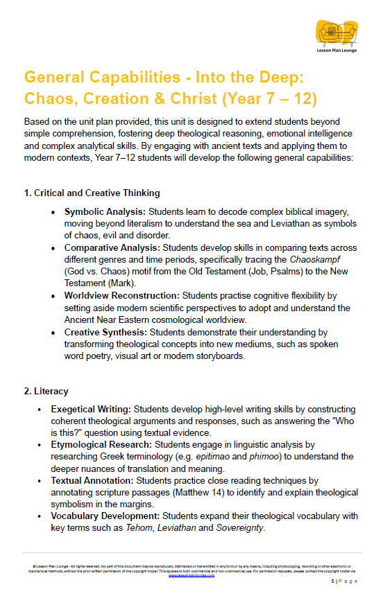 Into the Deep: Chaos, Creation & Christ - Studies of Religion - LESSON PLANS - Year 7 - 12