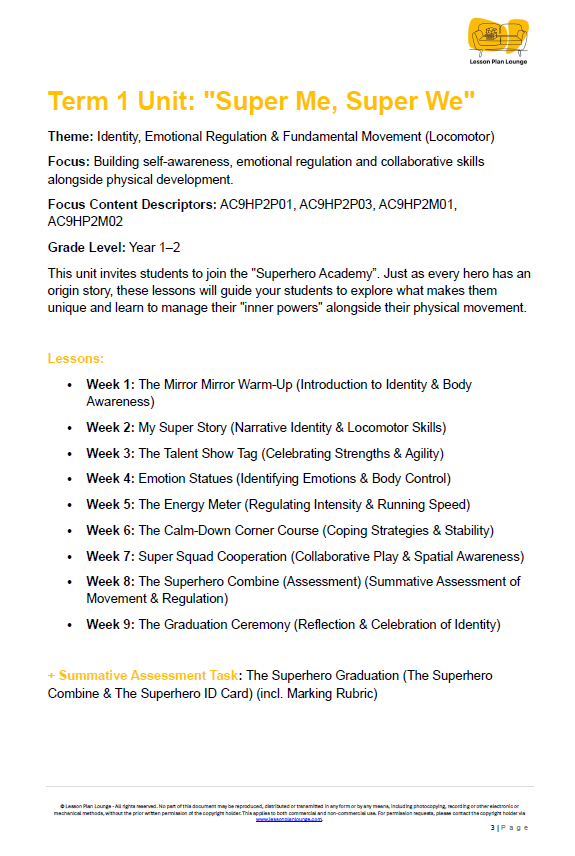 The Complete Year 1 & 2 Health & PE Collection: Building "Super Kids" & Safe Explorers - LESSON PLANS + Student Workbooks - Year 1 & 2