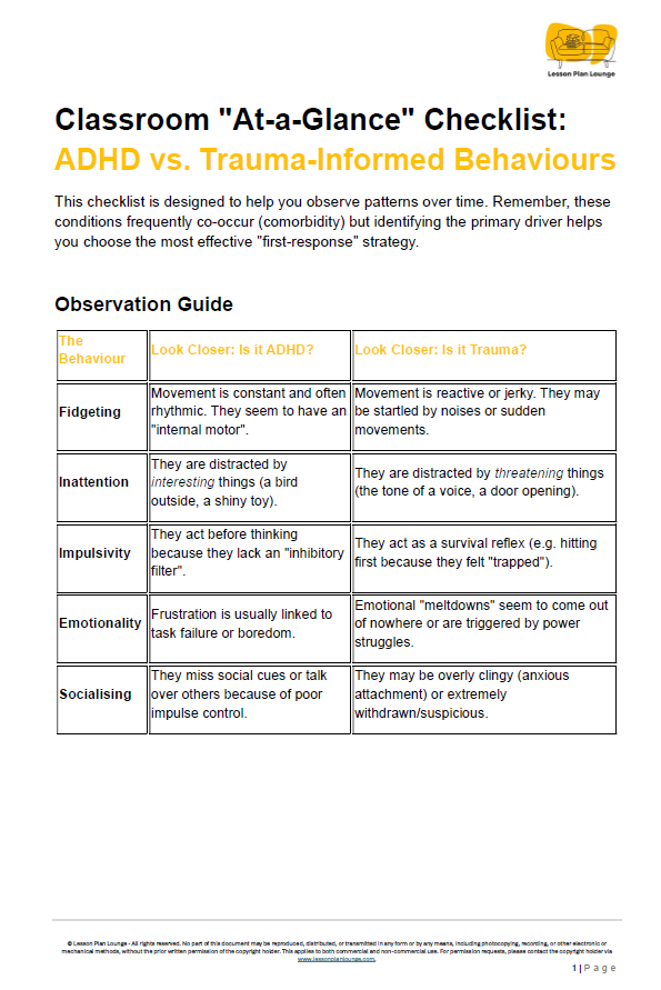 FREE Download: Classroom "At-a-Glance" Checklist: ADHD vs. Trauma-Informed Behaviours