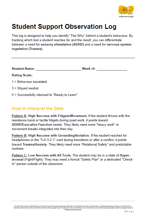 FREE Download: Student Support Observation Log ADHD vs Trauma
