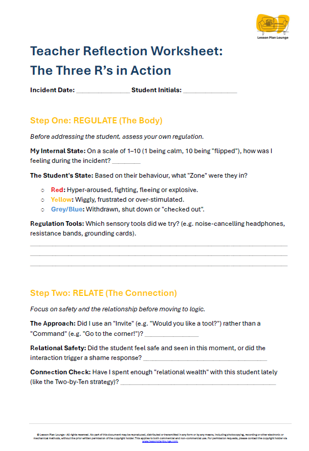 FREE Download - Teacher Reflection Worksheet: The Three R's in Action - Education