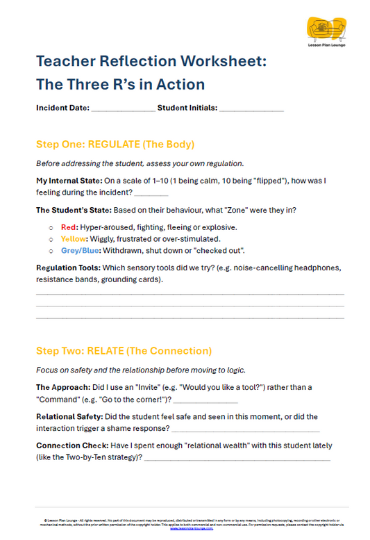 FREE Download - Teacher Reflection Worksheet: The Three R's in Action - Education