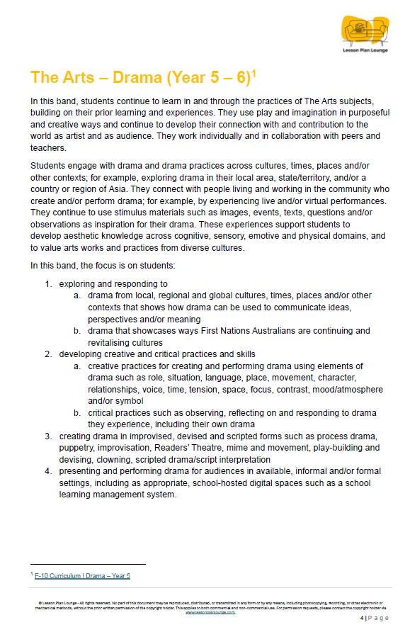 Drama - The Arts: 10 Lesson Plans (covering 20 - 30 lessons) + 1 Summative Assessment (Year 5)