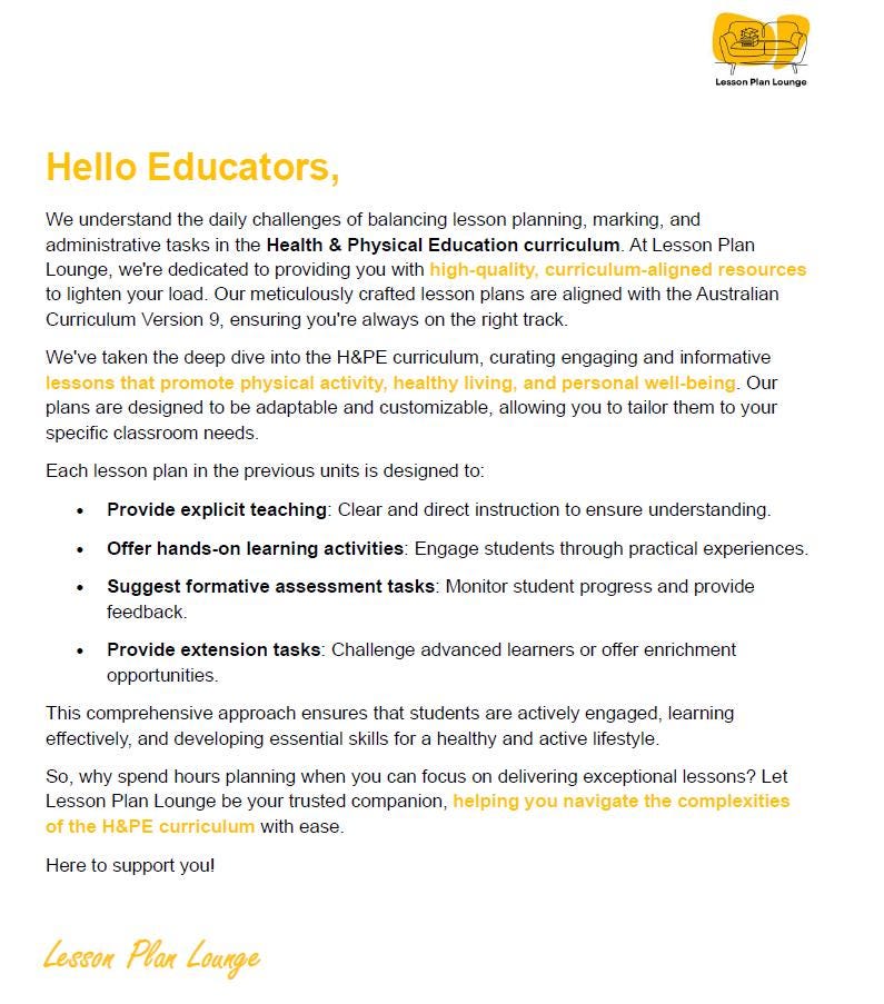 HPE (Health and Physical Education) - Unit 2: 30 Lesson Plans + 1 Summative Assessment and 13 Additional Exercises, Games, Movement options