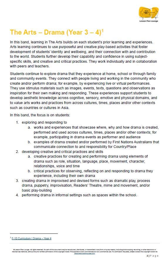 Drama - The Arts: 10 Lesson Plans + 1 Summative Assessment Task (Year 4)