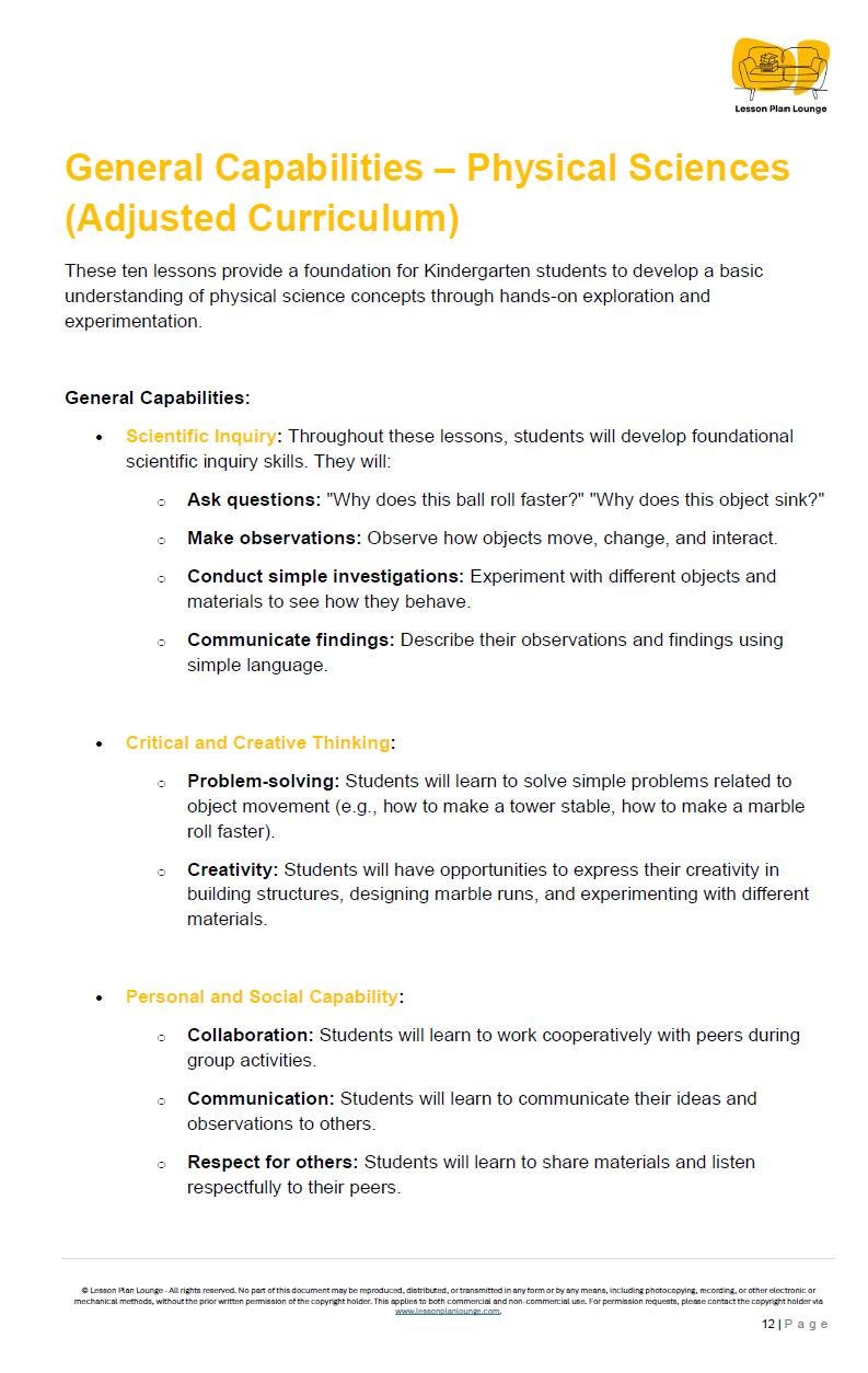 PHYSICAL Sciences Adjusted Curriculum: 10 Lesson Plans + 1 Summative Assessment (Kindergarten/ Foundation Year)