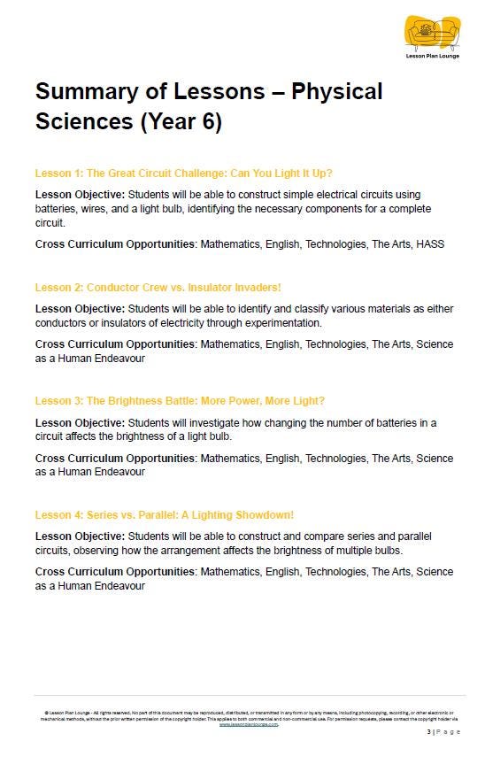 Science - Physical Sciences: 10 Lesson Plans + 1 Summative Assessment and FREE Student Workbook (Year 6)