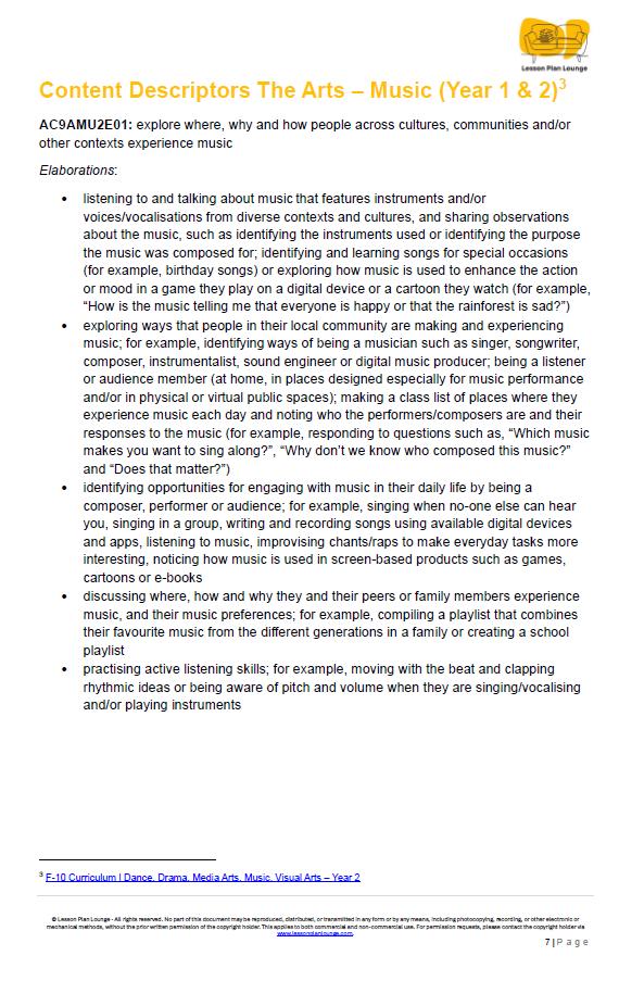 The Arts - MUSIC: 12 Lesson Plans + 1 Summative Assessment (Year 2)