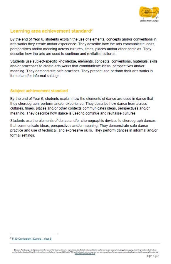 Dance - The Arts: 10 Lesson Plans + 1 Summative Assessment Task (Year 5)