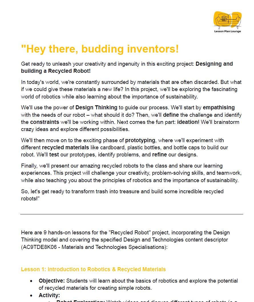 Design Technologies – Project 4 The Recycled Robot AC9TDE8K06: 9 Lesson Plans + Marking Rubric + Worksheet Suggestions (Year 7/8)