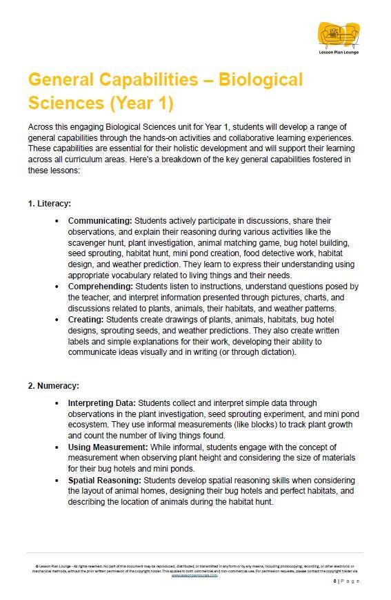Science - Biological Sciences: 10 Lesson Plans + 1 Summative Assessment and FREE Student WORKSHEETS (Year 1)