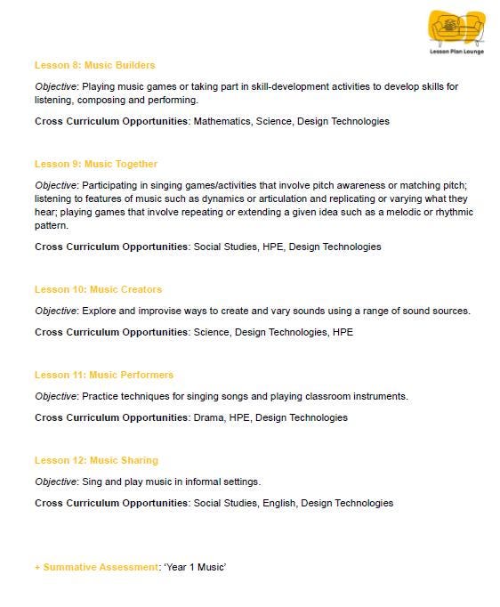 The Arts - MUSIC: 12 Lesson Plans + 1 Summative Assessment (Year 1)