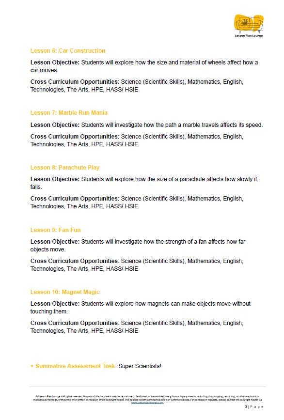 Physical Science: 10 Lesson Plans + Summative Assessment and FREE Student WORKSHEETS (Kindergarten)