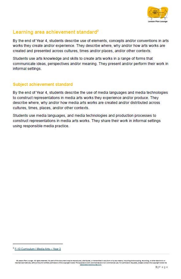 Media Arts - The Arts: 10 Lesson Plans + 1 Summative Assessment Task (Year 3)