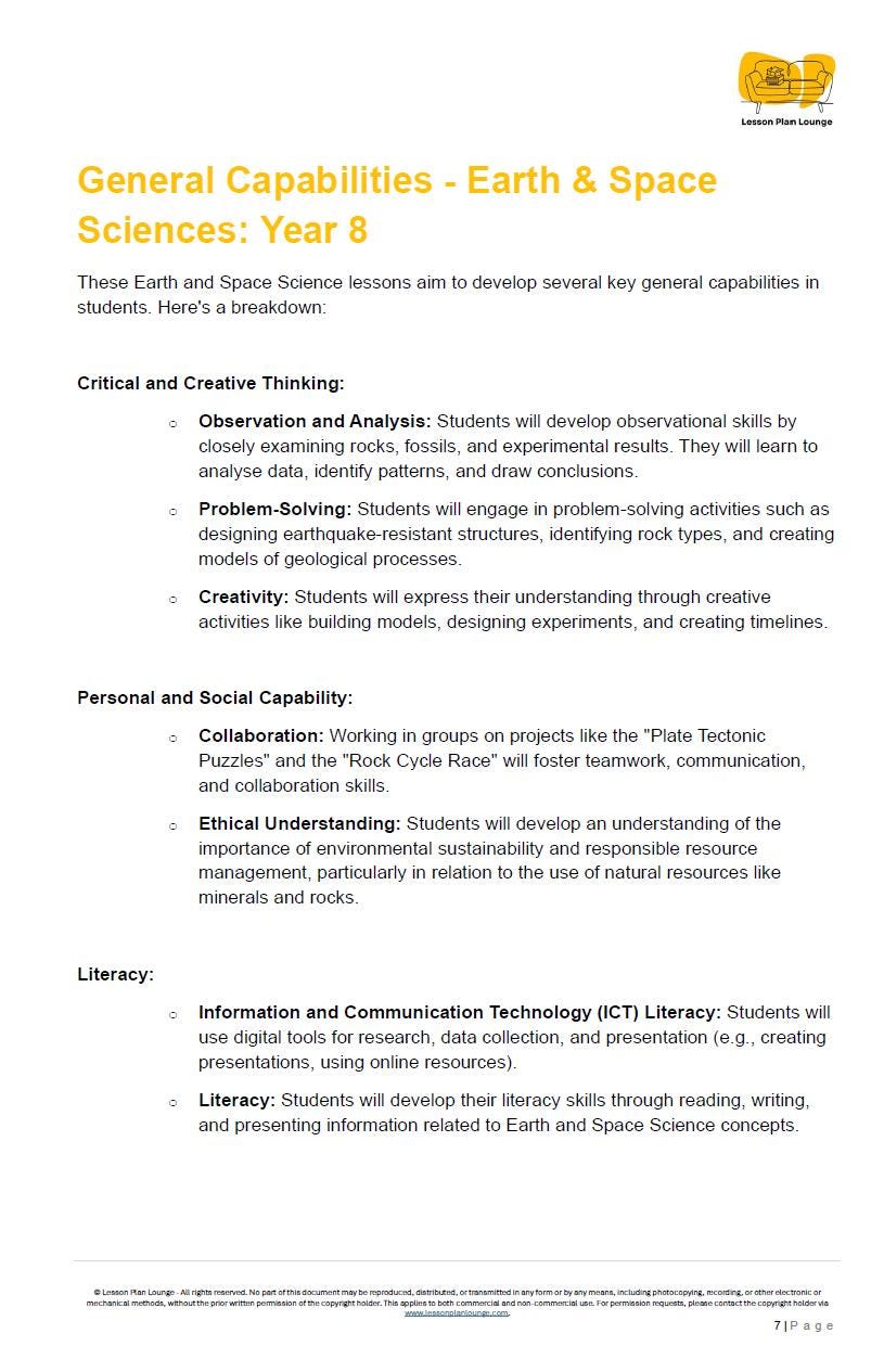 Science - Earth and Space Sciences: 10 Lesson Plans + 1 Summative Assessment + FREE Student WORKBOOK (Year 8)