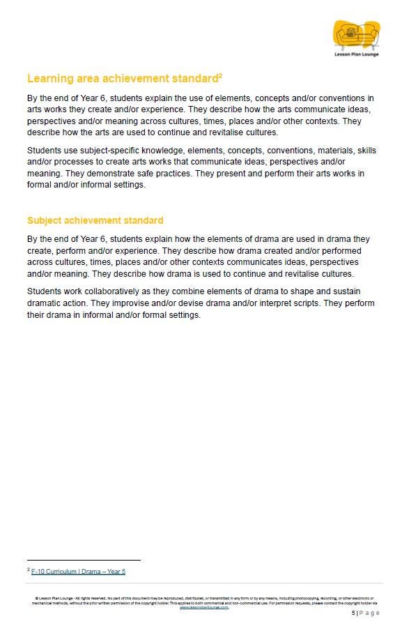 Drama - The Arts: 10 Lesson Plans (covering 20 - 30 lessons) + 1 Summative Assessment (Year 5)