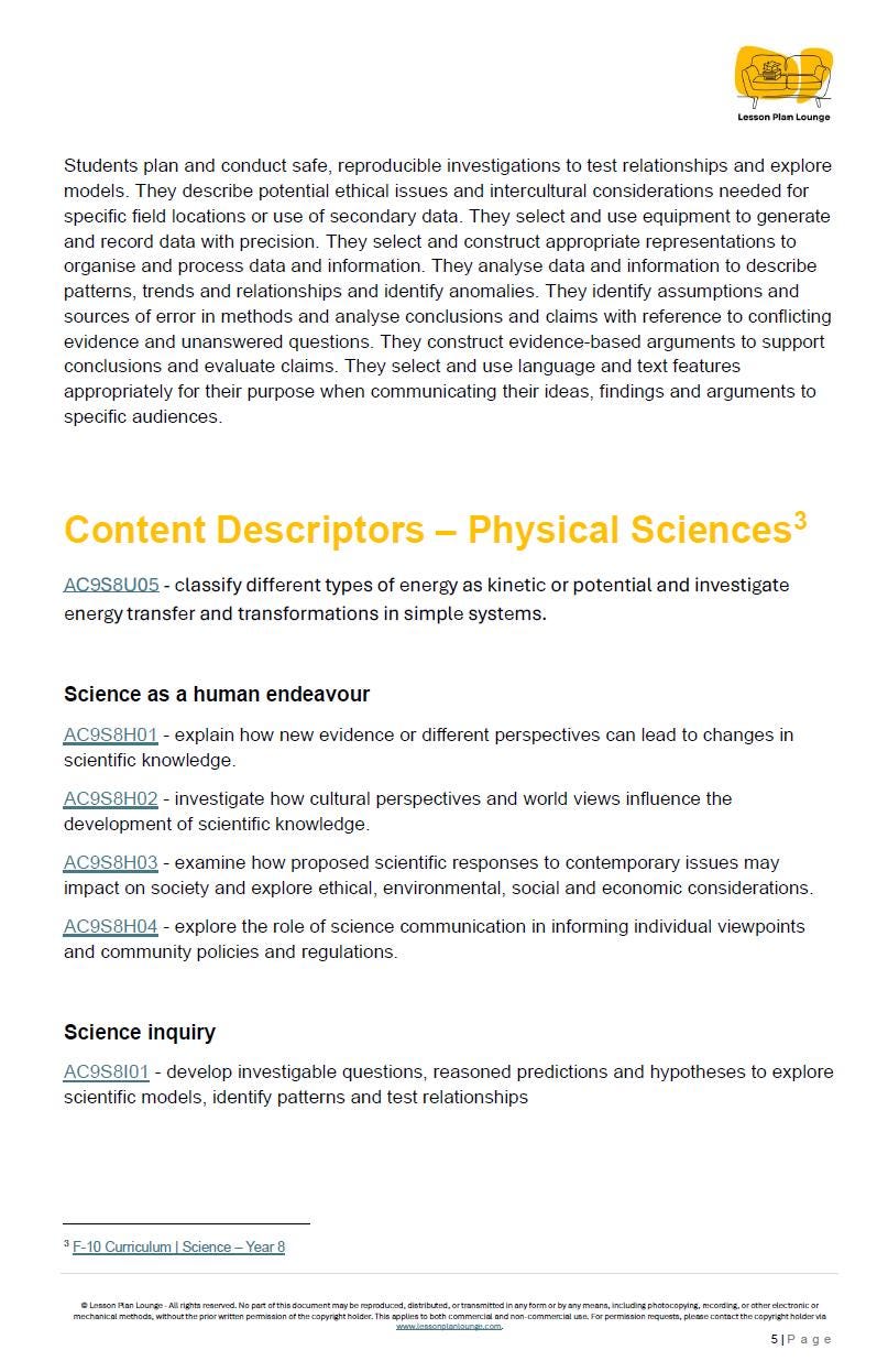 Science - Physical Sciences: 10 Lesson Plans + 1 Summative Assessment Task + FREE Student WORKBOOK (Year 8)