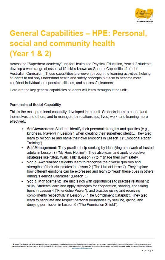 HPE - Personal, social and community health: Lesson Plans (10 lessons) + 1 Summative Assessment + FREE Student Worksheets (Year 1-2)