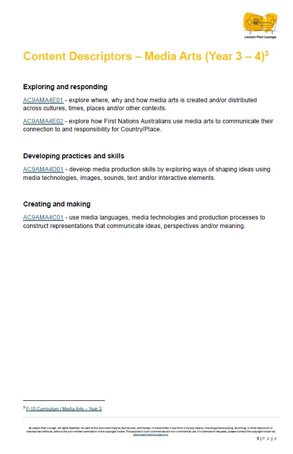 Media Arts - The Arts: 10 Lesson Plans + 1 Summative Assessment Task (Year 3)