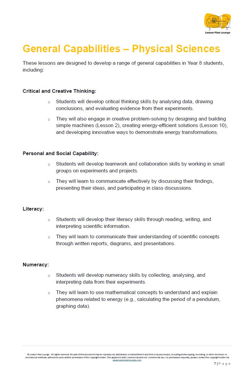 Science - Physical Sciences: 10 Lesson Plans + 1 Summative Assessment Task + FREE Student WORKBOOK (Year 8)