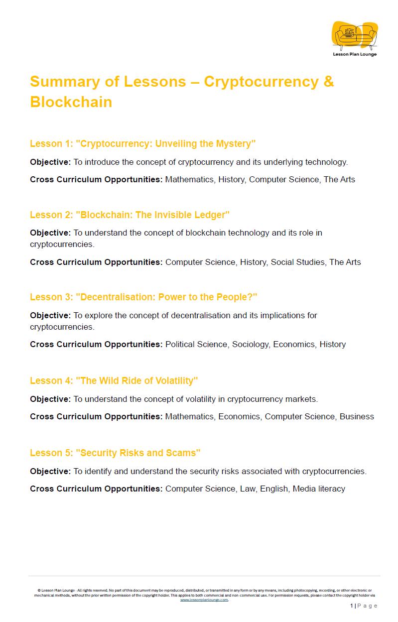 Cryptocurrency and Blockchain: 10 Lesson Plans + 1 Summative Assessment (High School)
