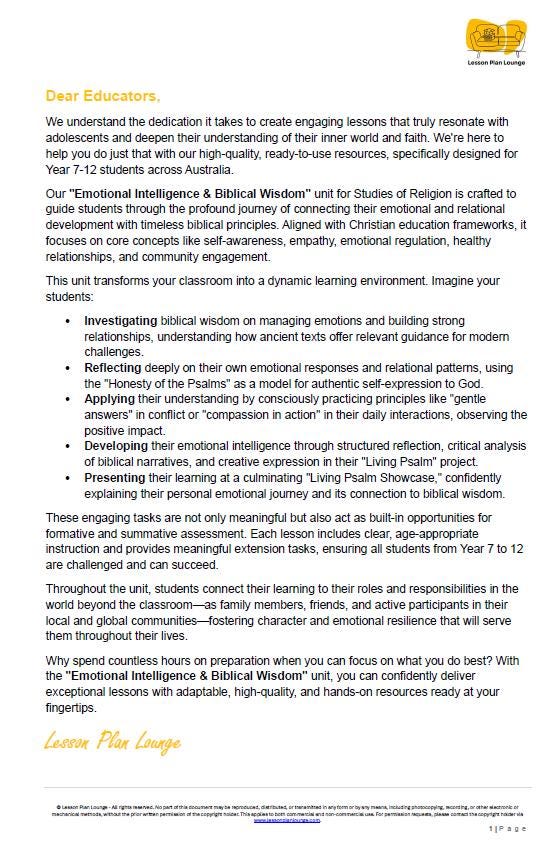 Studies of Religion - Emotional Intelligence & Biblical Wisdom: 10 Lesson Plans + 1 Summative Assessment + FREE Student WORKBOOK (Yr 7-12)