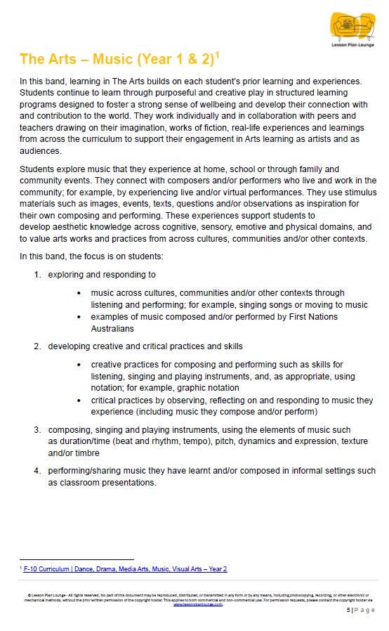 The Arts - MUSIC: 12 Lesson Plans + 1 Summative Assessment (Year 2)