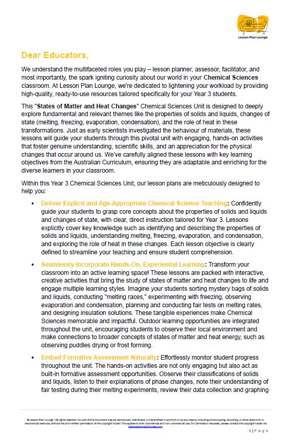 Science - Chemical Sciences: Lesson Plans (9 lessons) + 1 Summative Assessment + FREE Student Workbook (Year 3)