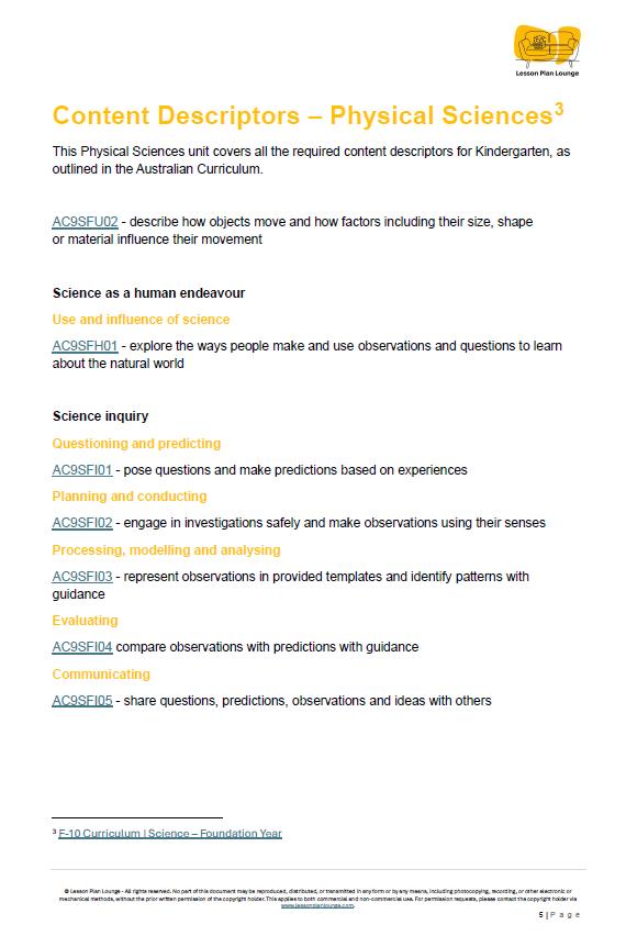 Physical Science: 10 Lesson Plans + Summative Assessment and FREE Student WORKSHEETS (Kindergarten)