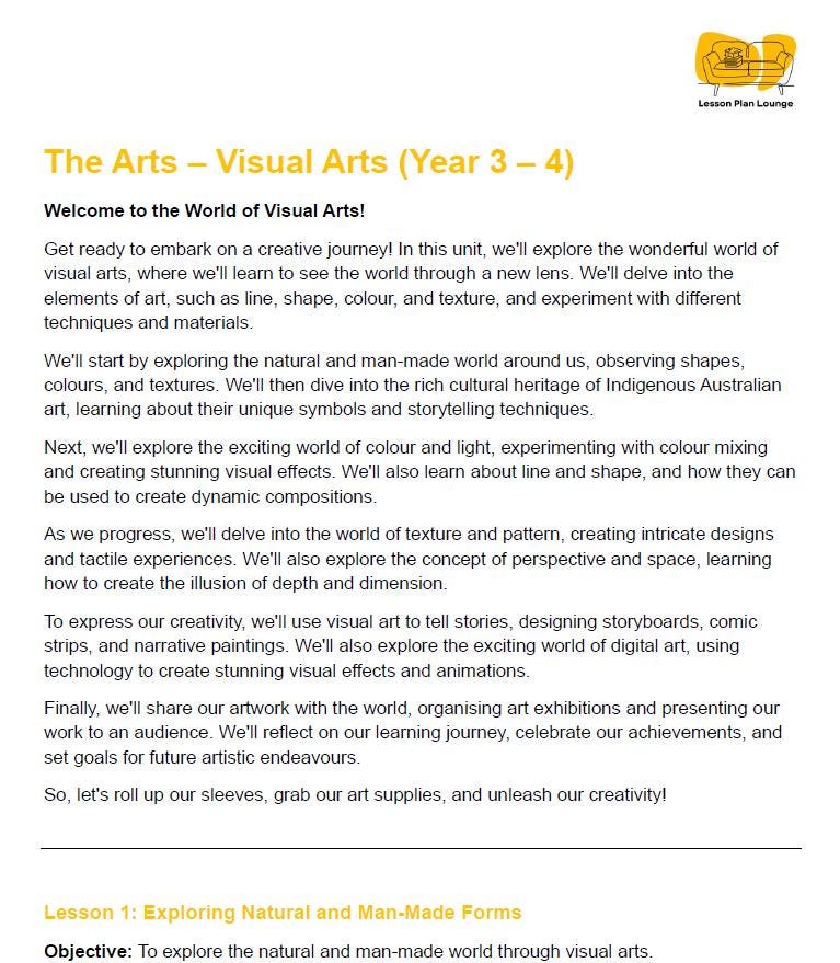 Visual Arts - The Arts: 10 Lesson Plans + 1 Summative Assessment + 25 Extra Visual Arts Ideas (Year 4)