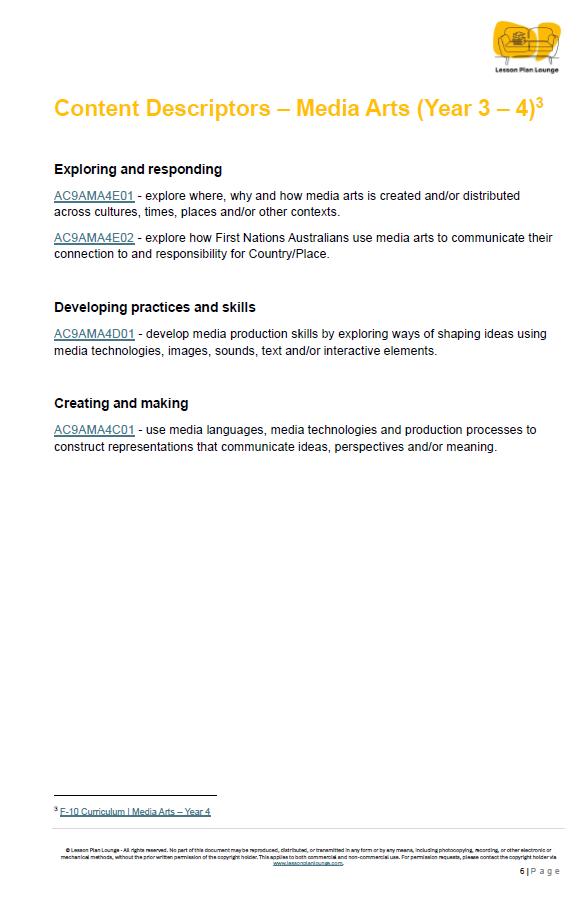 Media Arts - The Arts: 10 Lesson Plans + 1 Summative Assessment Task (Year 4)