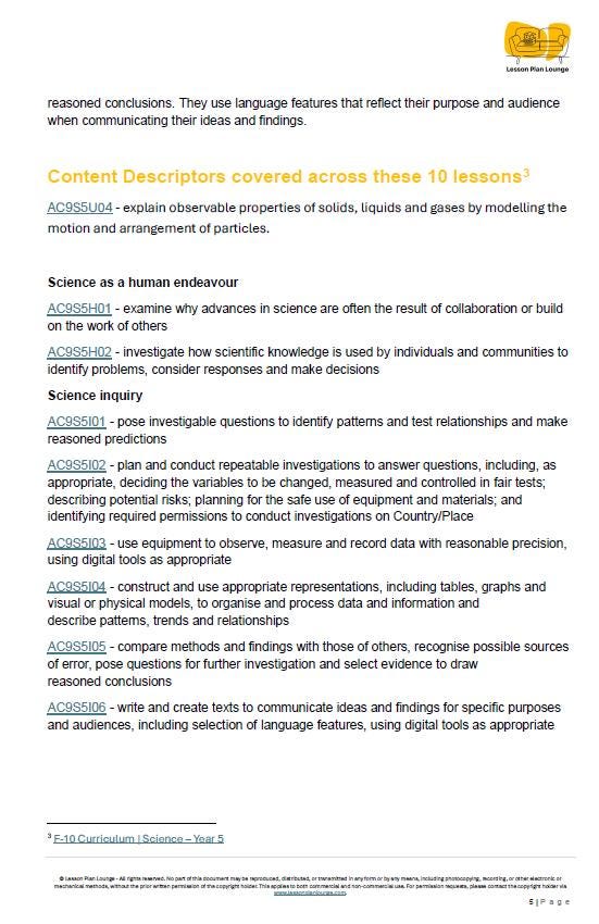 Science - Chemical Sciences: Lesson Plans (10 lessons) + 1 Summative Assessment + FREE Student Workbook (Year 5)