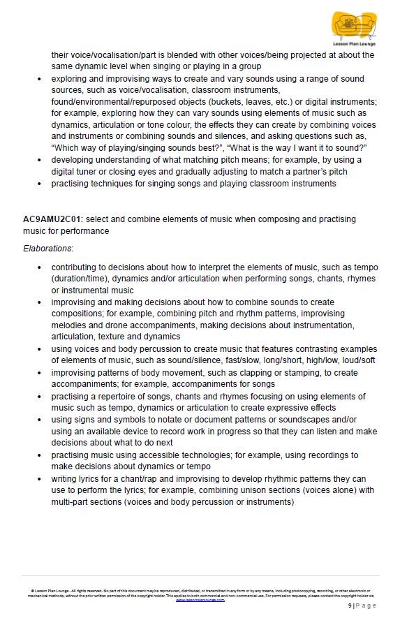 The Arts - MUSIC: 12 Lesson Plans + 1 Summative Assessment (Year 2)