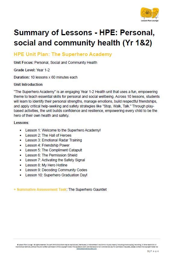 HPE - Personal, social and community health: Lesson Plans (10 lessons) + 1 Summative Assessment + FREE Student Worksheets (Year 1-2)
