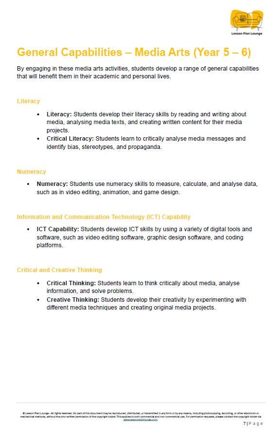 Media Arts - The Arts: 10 Lesson Plans + 1 Summative Assessment Task (Year 5)