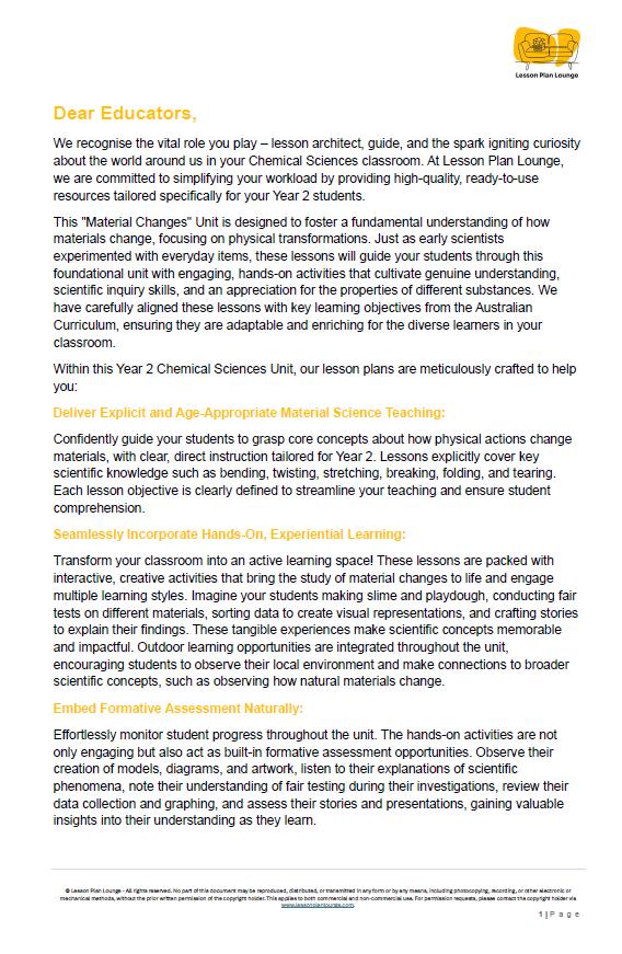 Science - Chemical Sciences: Lesson Plans (10 lessons) + 1 Summative Assessment + FREE Student Workbook (Year 2)