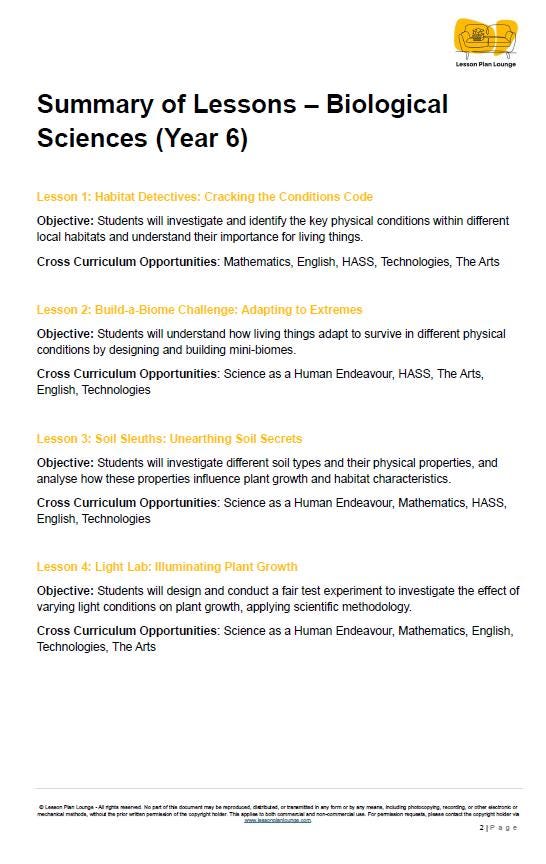 Science - Biological Sciences: 10 Lesson Plans, covering up to 20 lessons + 1 Summative Assessment and FREE Student Workbook (Year 6)