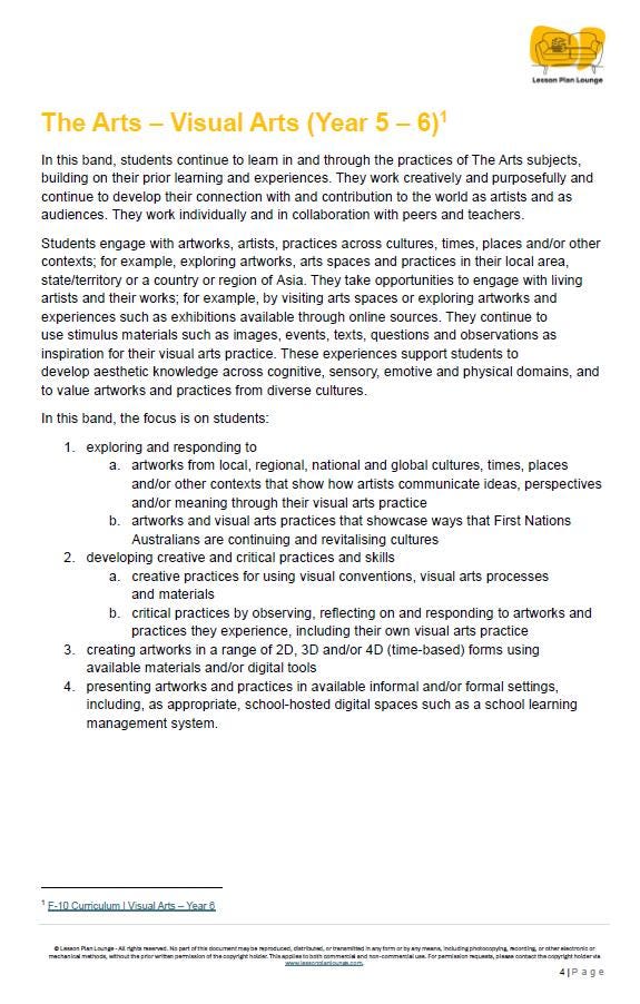 Visual Arts - The Arts: 10 Lesson Plans (covering 20-30 lessons) + 1 Summative Assessment (Year 5)